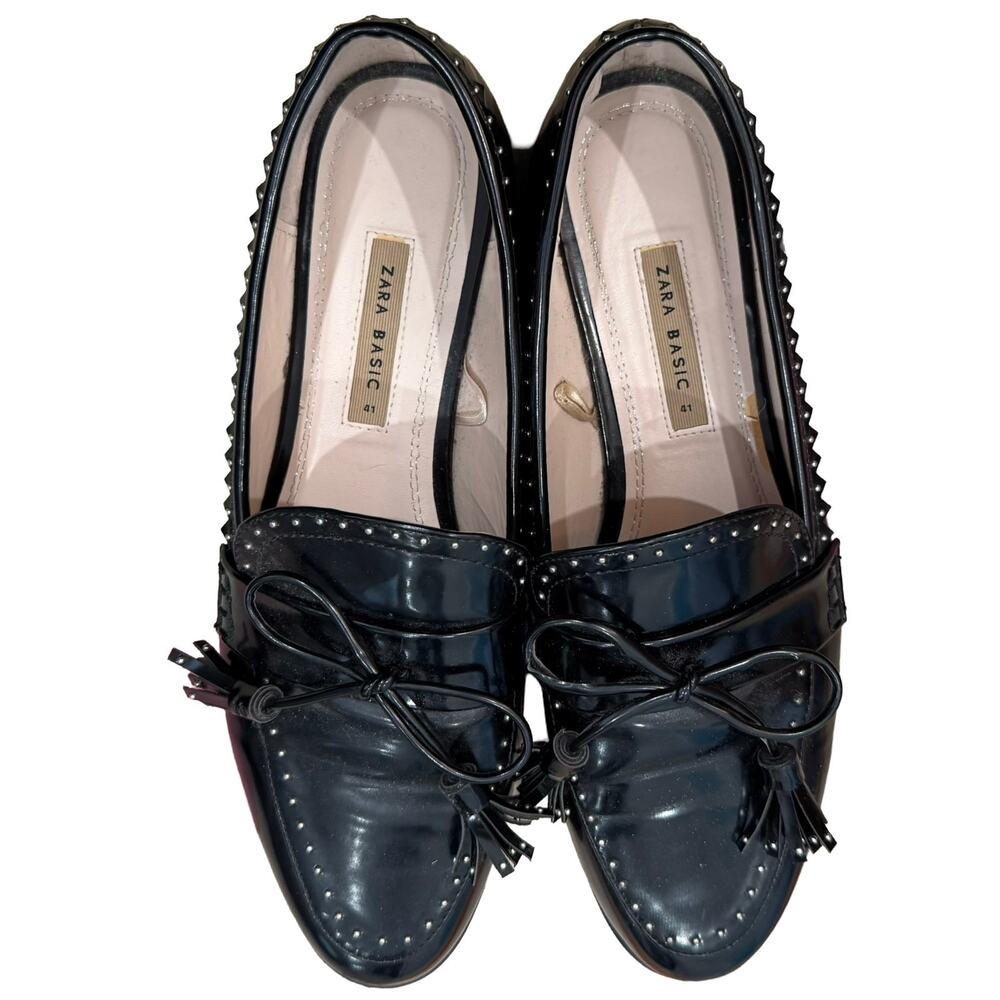 Zara Black Scalloped Studded Patent Leather Bow Chunky Heel Loafers Sz 41 / 10.5